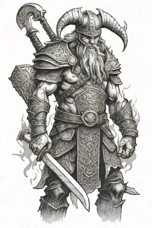 Photorealistic Aggressive Looking Viking Warrior Standing In Front Of Burning Village