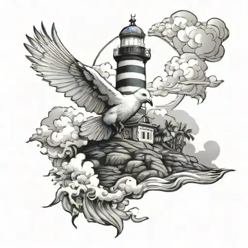 Dove Coming Down From Heaven Above A Lighthouse On The Beach