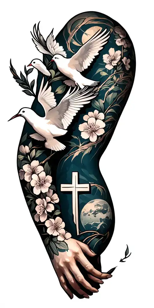 Wrap Around Arm Tattoo With Cherry Blossom Vines Coming Up The Arm With Doves Birds And A Cross