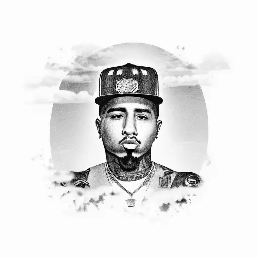 A Realistic Black And Grey Portrait Of A Chicano Rap Artist With A New Mexico Backdrop