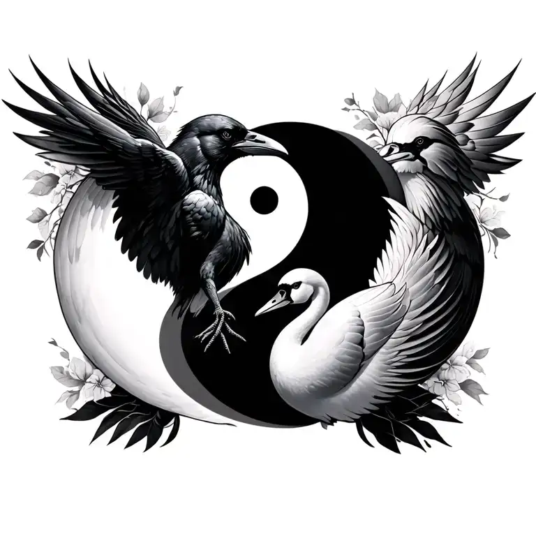 Yin Yang Tattoo Design Featuring A Raven And A Swan In Perfect Balance