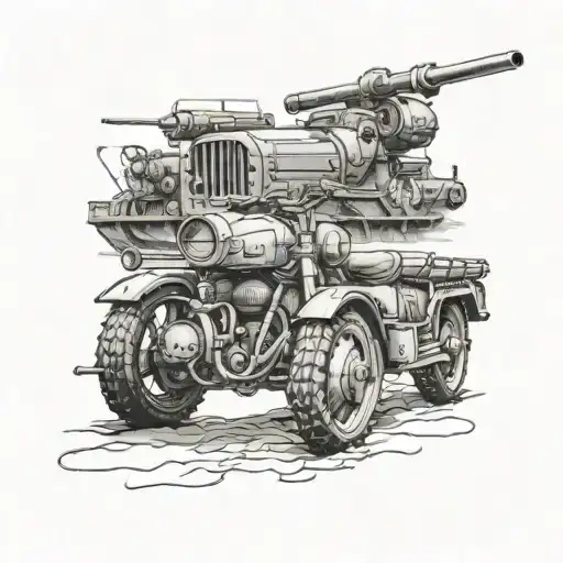 Combine A Vintage Military Vehicle And A Motorcycle In A Detailed Black-grey Tattoo Design