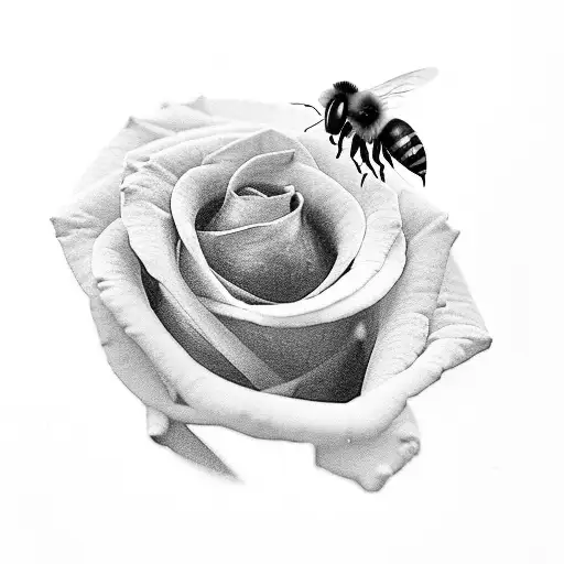 A Realistic Black And Grey Rose With A Bee Resting On One Of The Petals