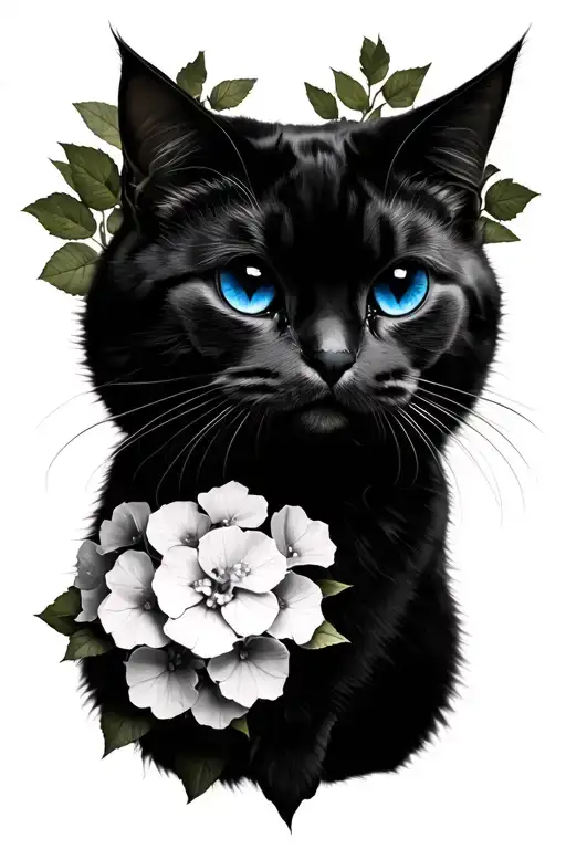 Blue Cat Only Eyes In The Mist With Hortensia Flowers