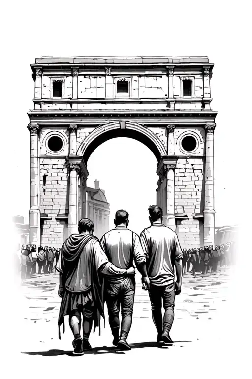 Embraced Brothers Who Walk Towards An Arch With The Background Of The Colosseum