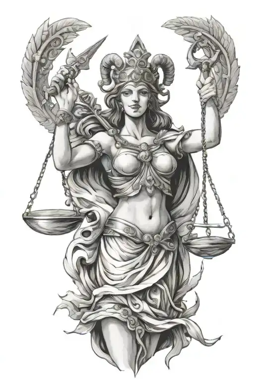 Lady Justice As A Warrior With Ram Horns On Her Head