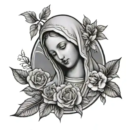 Virgin Mary With Flowers Around It