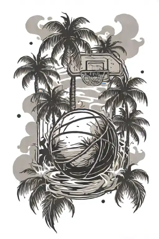 Basketball In Shallow Water Palm Trees In Background