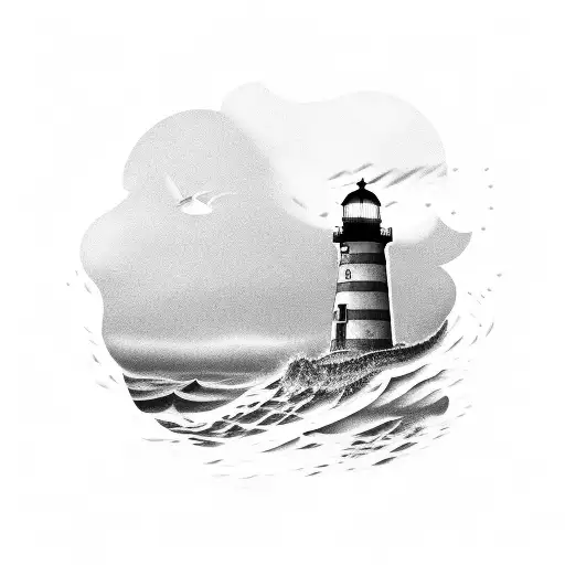 A Silhouette Of A Lighthouse Surrounded By A School Of Fish