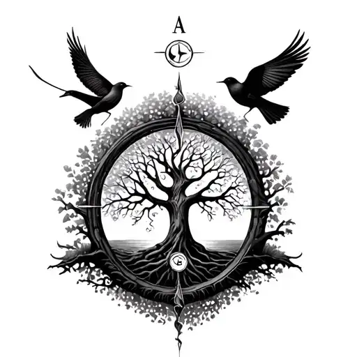 Tree Of Life With Compass And Birds