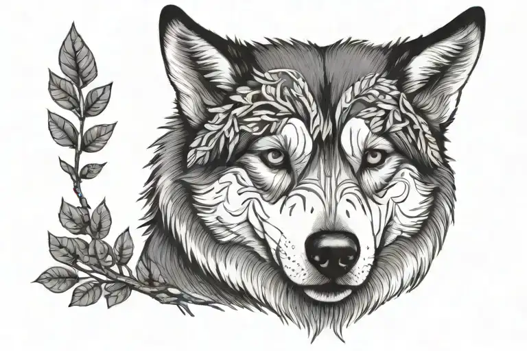 Husky With Brown Eyes With Tree Branches Around Him