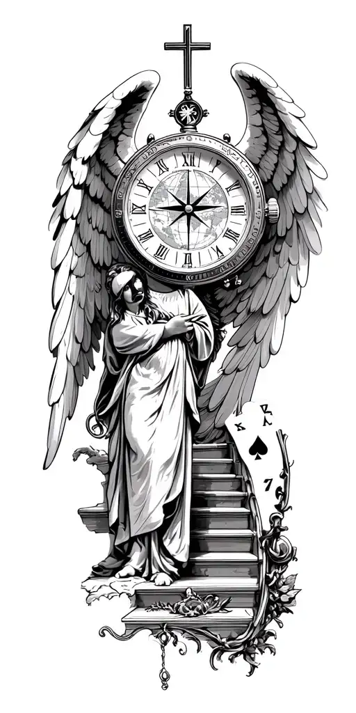 Religious Angel Stairs To Heaven World Map Compass Antique Watch Four Aces Christian