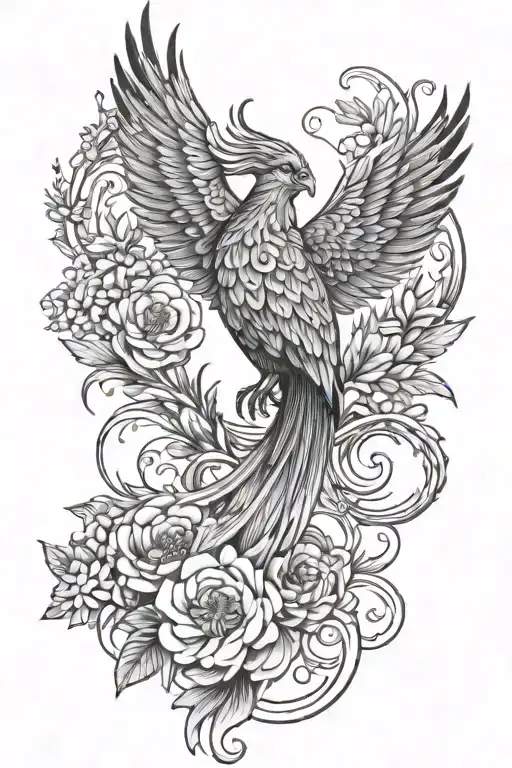 Fine Line Phoenix With Gemini Symbol And June Birth Flowers
