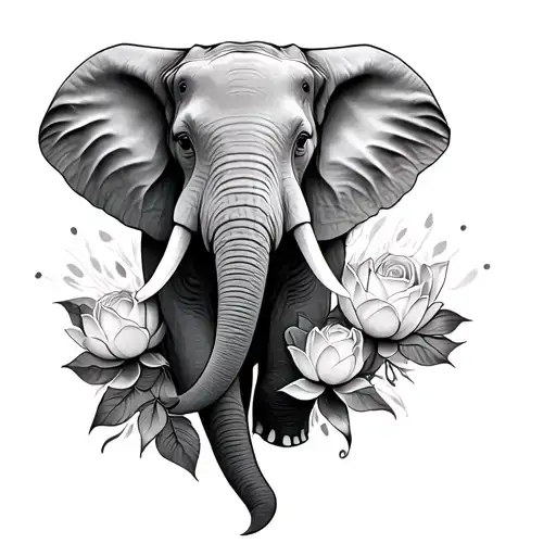 Elephant Tattoo With Lotus Flower And Rose Blossoms