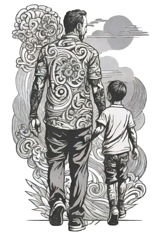 Father And Son Walking Hand In Hand With Creative Background And Filler