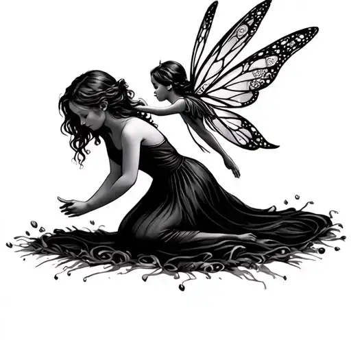 Fairy In The Air Reaching Down To Little Girl On The Ground