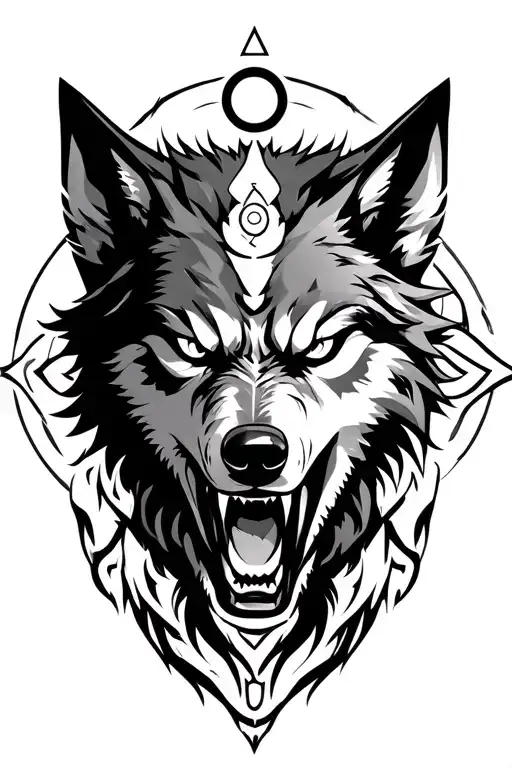 Angry Cyberian Wolf Face With Chakra Symbol Surrounded