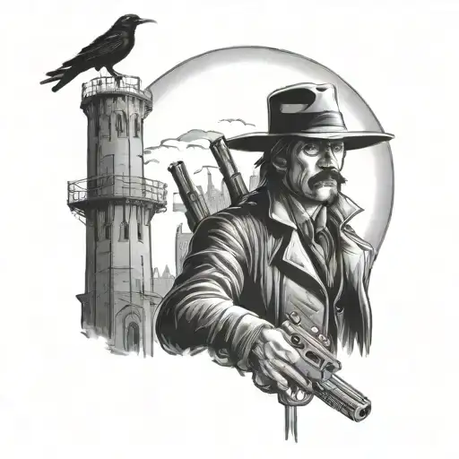 Gunslinger And Raven Infront Of The Dark Tower Based On Stephen King Book