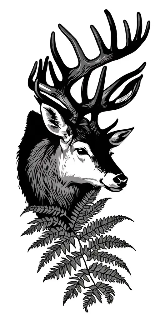 Stag Head And Fern Leaves Growing