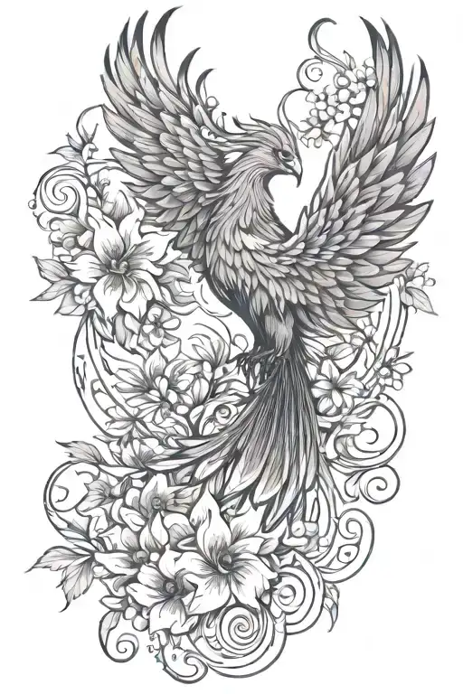 Fine Line Phoenix With Gemini Symbol And June Birth Flowers