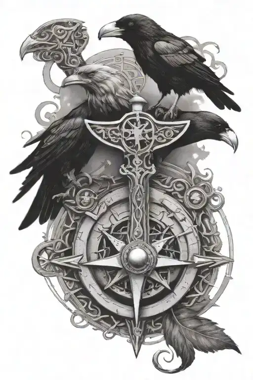 Thors Hammer And Odins Ravens With A Viking Compass