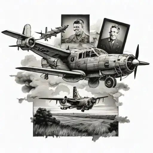 A Military Aircraft Flying Over A Field Of Family Portraits