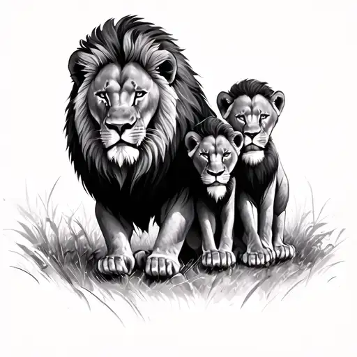 Brave Lion Father With Two Sons Looking