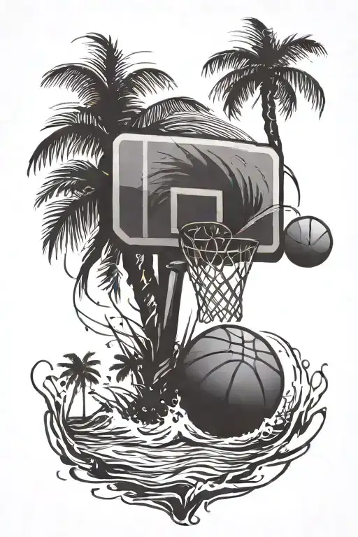 Basketball In Shallow Water Palm Trees In Background