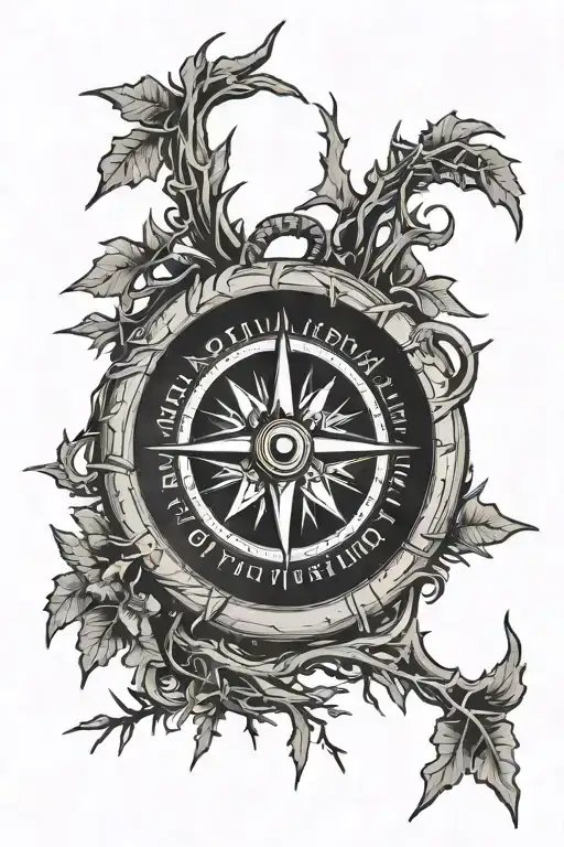 Traditional Woodcut Compass Surrounded By Thorns And Branches