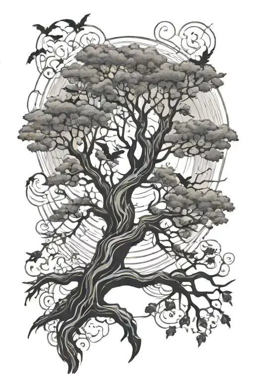 Tree Branching Out With The Sun At Top Smoke And Bats