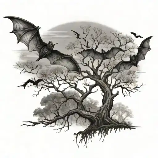 Bats Flying Across Lifeless Leafless Tree
