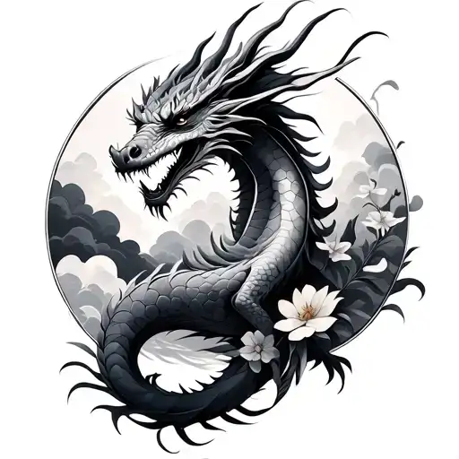 Image Make A Dragon Tattoo Sleeve For My Right Arm Black And Grey With Clouds And Flowers