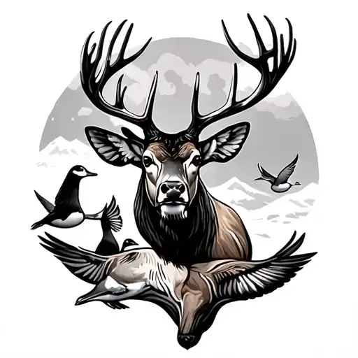 Elk Deer And Ducks Flying