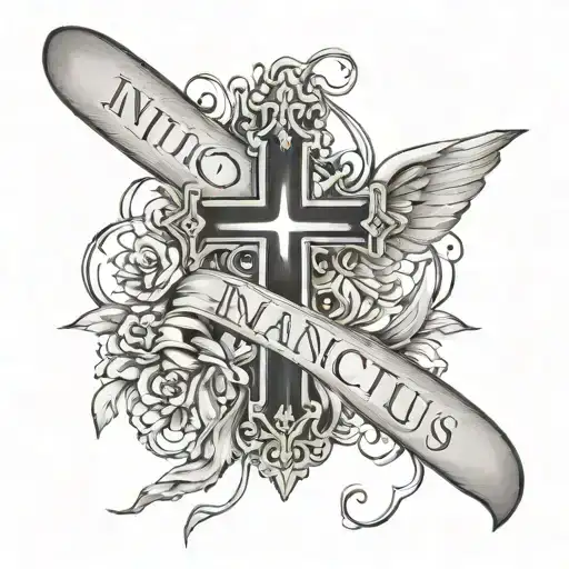 A Cross With The Smaller Horizontal Line Saying 'Invictus Maneo' Feminine
