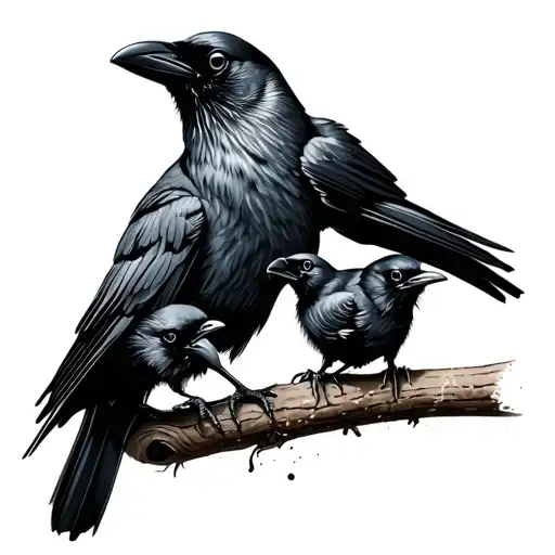 Crow Feeding Two Excited Baby Crows