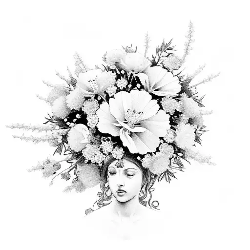 Virgin Mary Surrounded By A Wreath Of Cherry Blossoms And Carnations