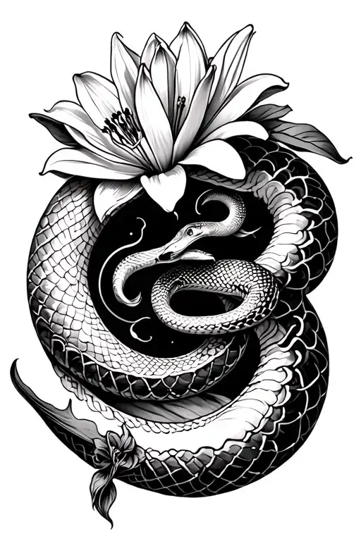 Snake Intertwined On A Lily Flower Climbing A Crescent Moon