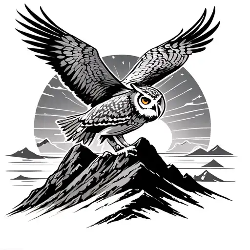 A Majestic Owl Soaring Over A Mountain Peak While The Sun Sets In The Background