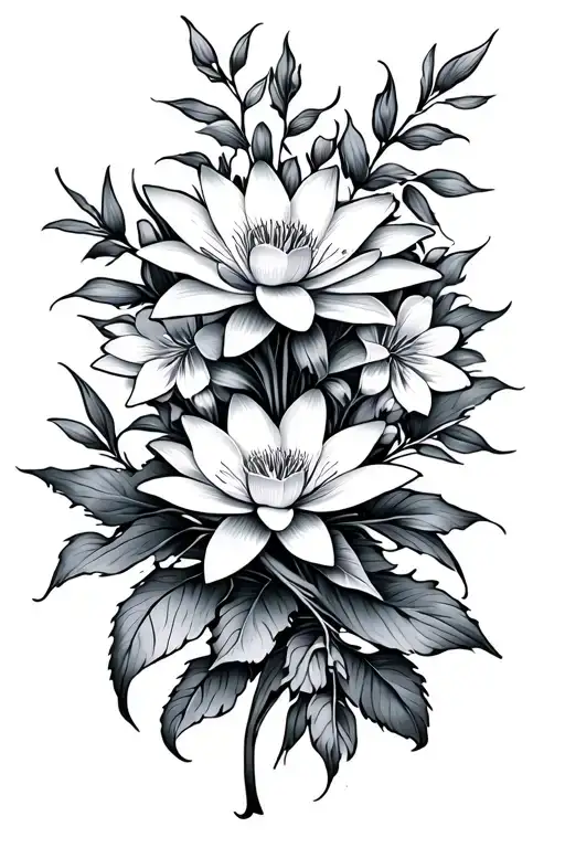 Floral Long Tattoo With Larkspur And Water Lily Flower