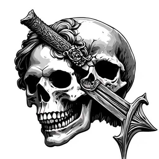 Statue Of Samotrace And A Human Skull Pierced By A Sword