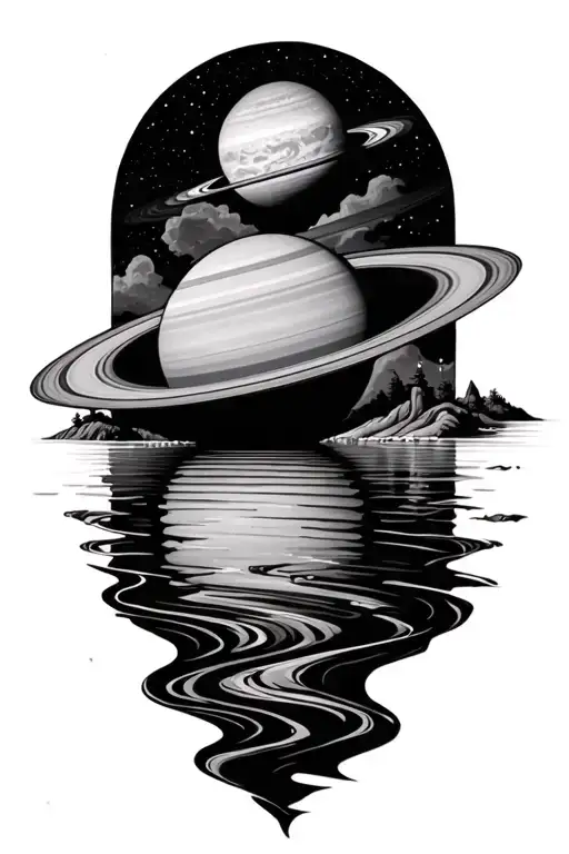 Forming Saturn Above A Large Flowing River Running With Patterns