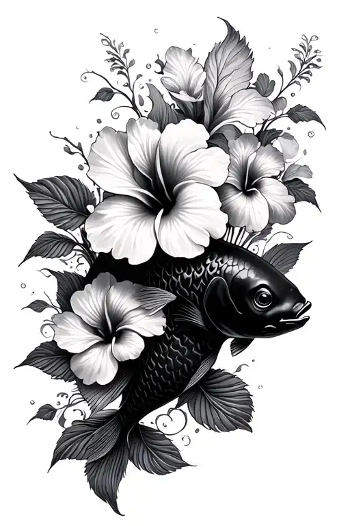 Smaller Hibiscus Flowers In A Wavy Line With Koi Fish