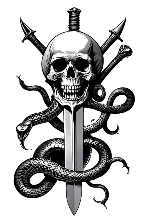 Two Swords With Skull And Snake Coming Out Of The Skulls Mouth