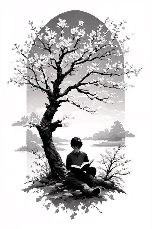Cherry Blossom Tree With A Boy Sitting Reading A Book Under It