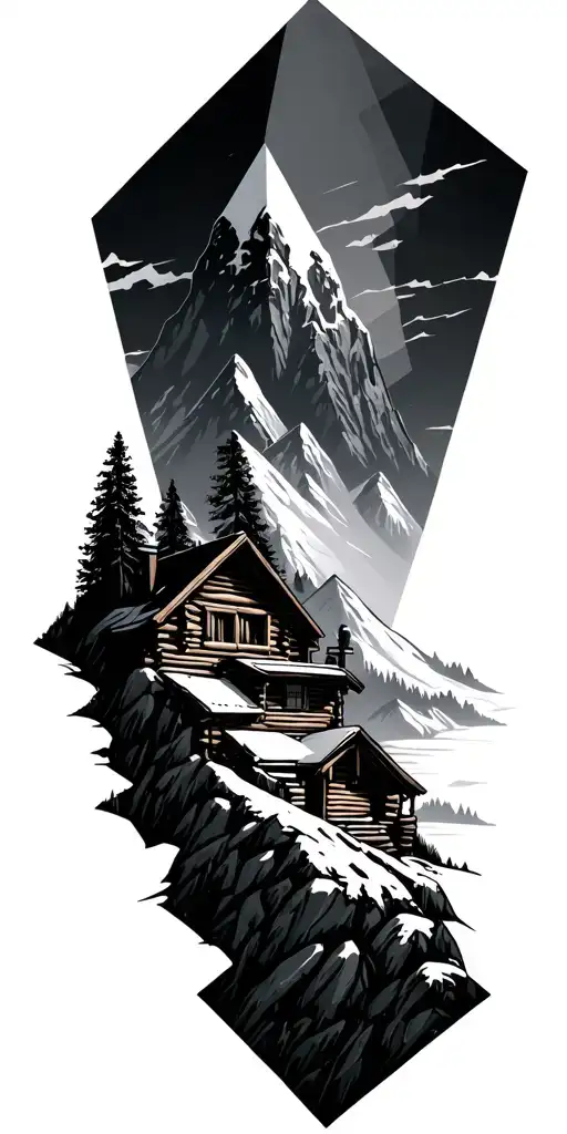 A Geometric Mountain Landscape Incorporating A Log Cabin