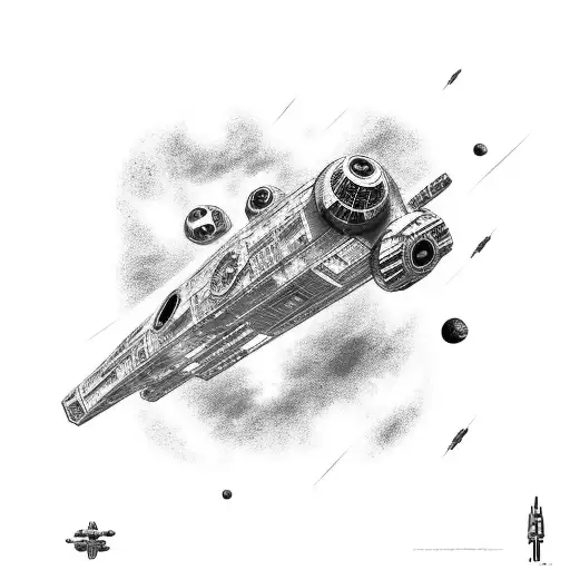 A Black And Grey Tattoo Of A Spaceship Traveling Through A Galaxy Filled With Star Wars References