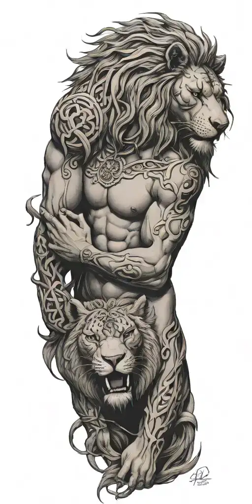 Gilgamesh Holding A Lion With Ziggurats Going Down Arm And Vines Intertwined