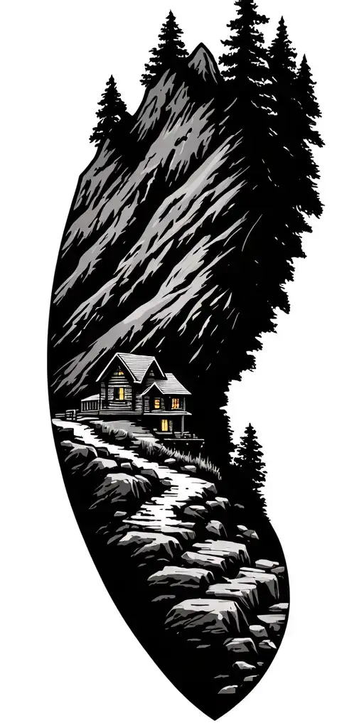 Mountain Cabin Scene Featuring Hiking Path