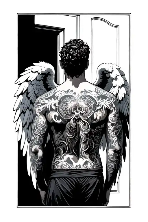 Whole Body Of A Man With Angel Wings Facing Away Towards A Doorframe Made Of Pure Light