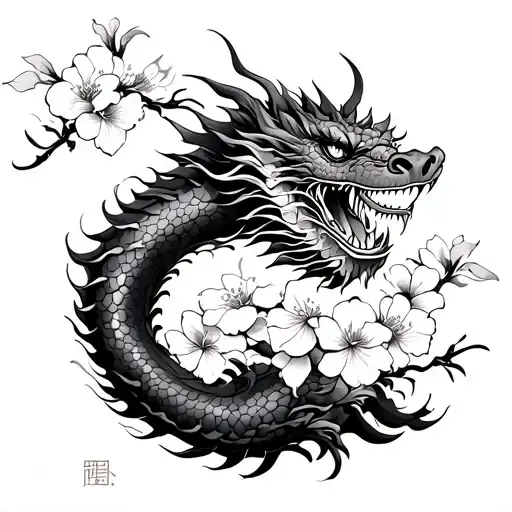 Japanese Inspired Tattoo With Dragon Going Down With Japanese Cherry Blossoms And Shading Around It